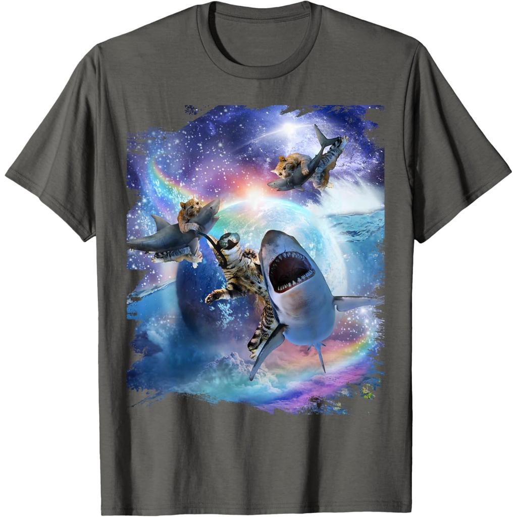 Galaxy Cat Riding Shark Space Graphic Print Mens Casual Cotton Tshirt