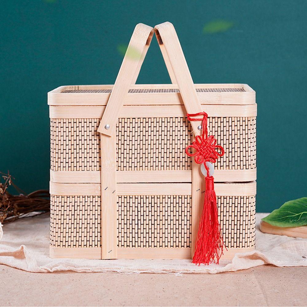 Chinese Style Bamboo Basket Double-Layer Moon Cake Basket Picnic Basket  Dragon Boat Festival
