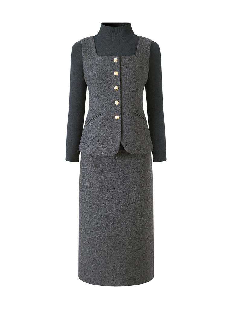Women's Elegant Woolen Vest & Knit Base Layer with Back Slit Skirt Set