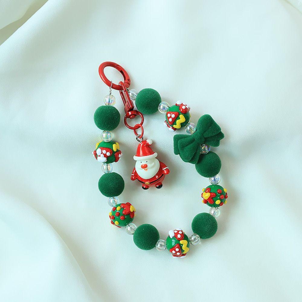 Flocked Bowknot Plush Beads Keychain Christmas Tree Beaded Cell Phone Lanyard  Christmas