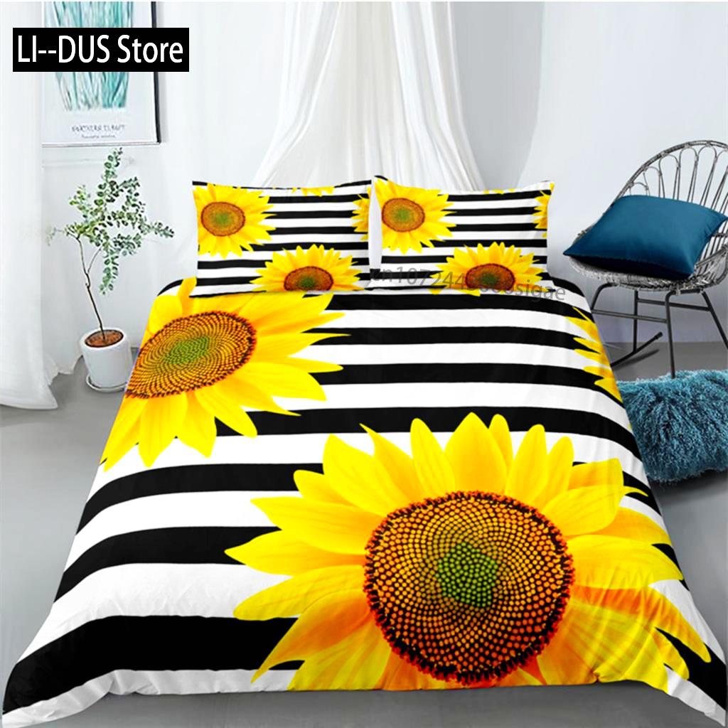 Duvet Cover Sunflower Yellow Flower Bedding Set Farmhouse Green Leaves Floral Quilt Cover For Women Girl Bedroom Decorations