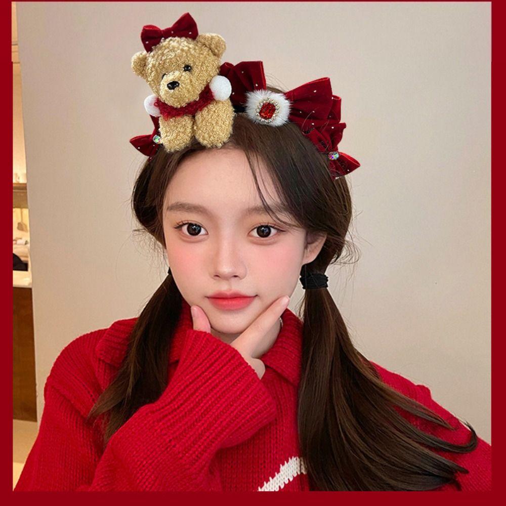 Red New Year Headband Cartoon Plush Hair Hoop Cute Red Velvet Bow Hairband  Women