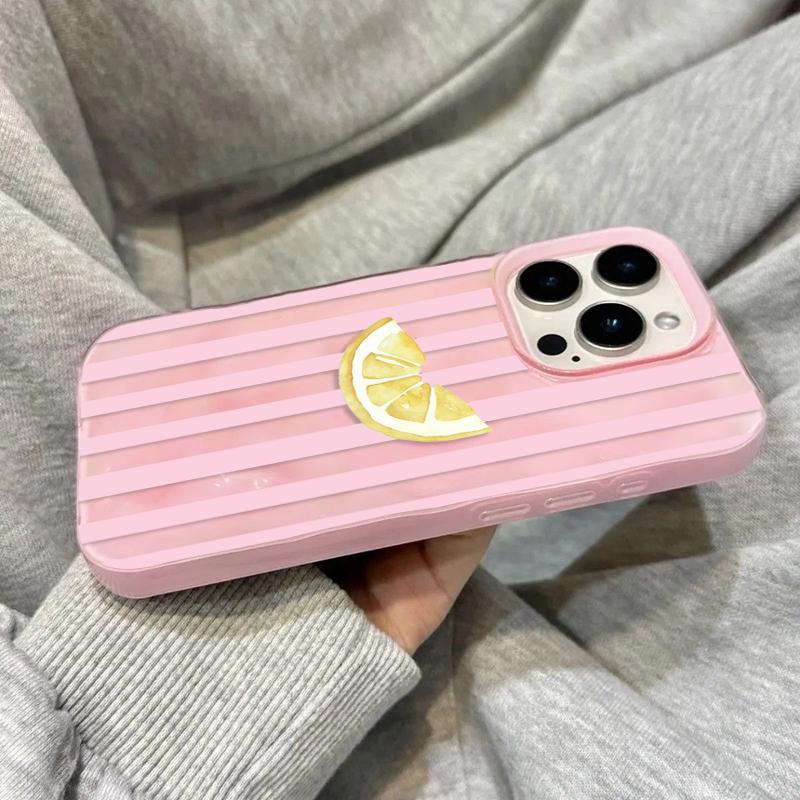 De Gele Citroen met Roze Strepen Patroon Telefoonhoesje voor IPhone 17 16 15 14 13 12 11 Pro Max Plus Air Kreukel Textuur Cover iPhone 16 Plus