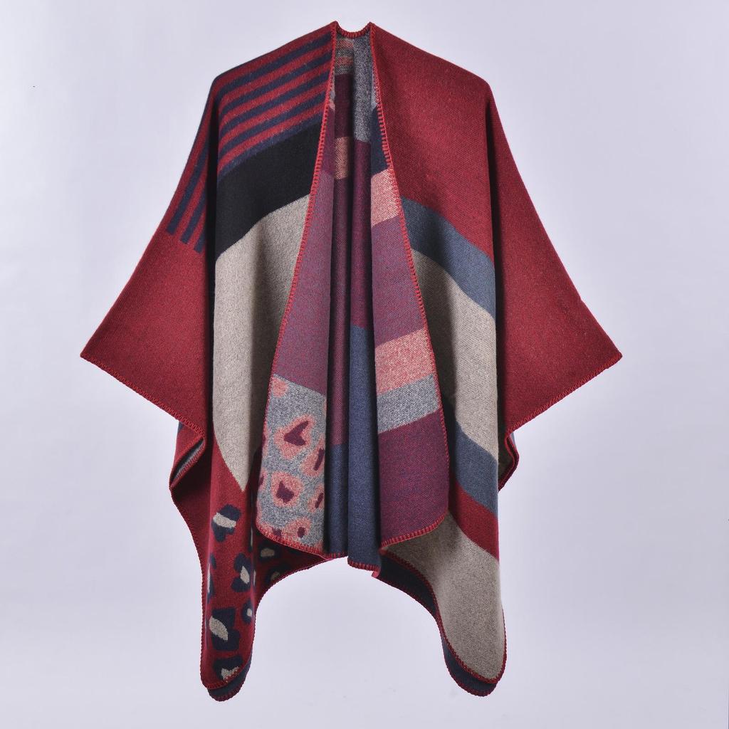 Versatile Plaid Women's Faux Cashmere Shawl: Ethnic Style Slit Cape for Autumn/Winter