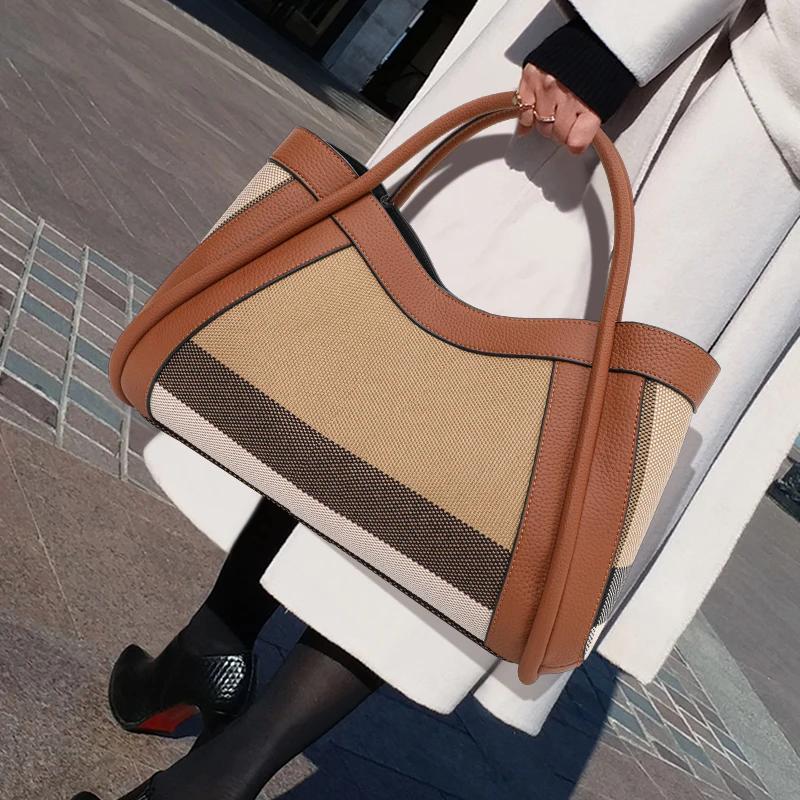 Striped Textured Fabric Tote Handbag Faux Leather Edge Splicing Wide Handle Ladies Daily Commuter Large Shoulder Bag
