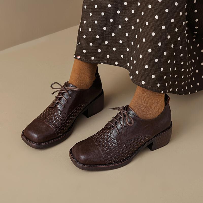 Fashion NEW Spring/Autumn Women Pumps Square Toe Chunky Heel Shoes Genuine Leather Shoes for Women Retro Weave Lace-up Women Loafers