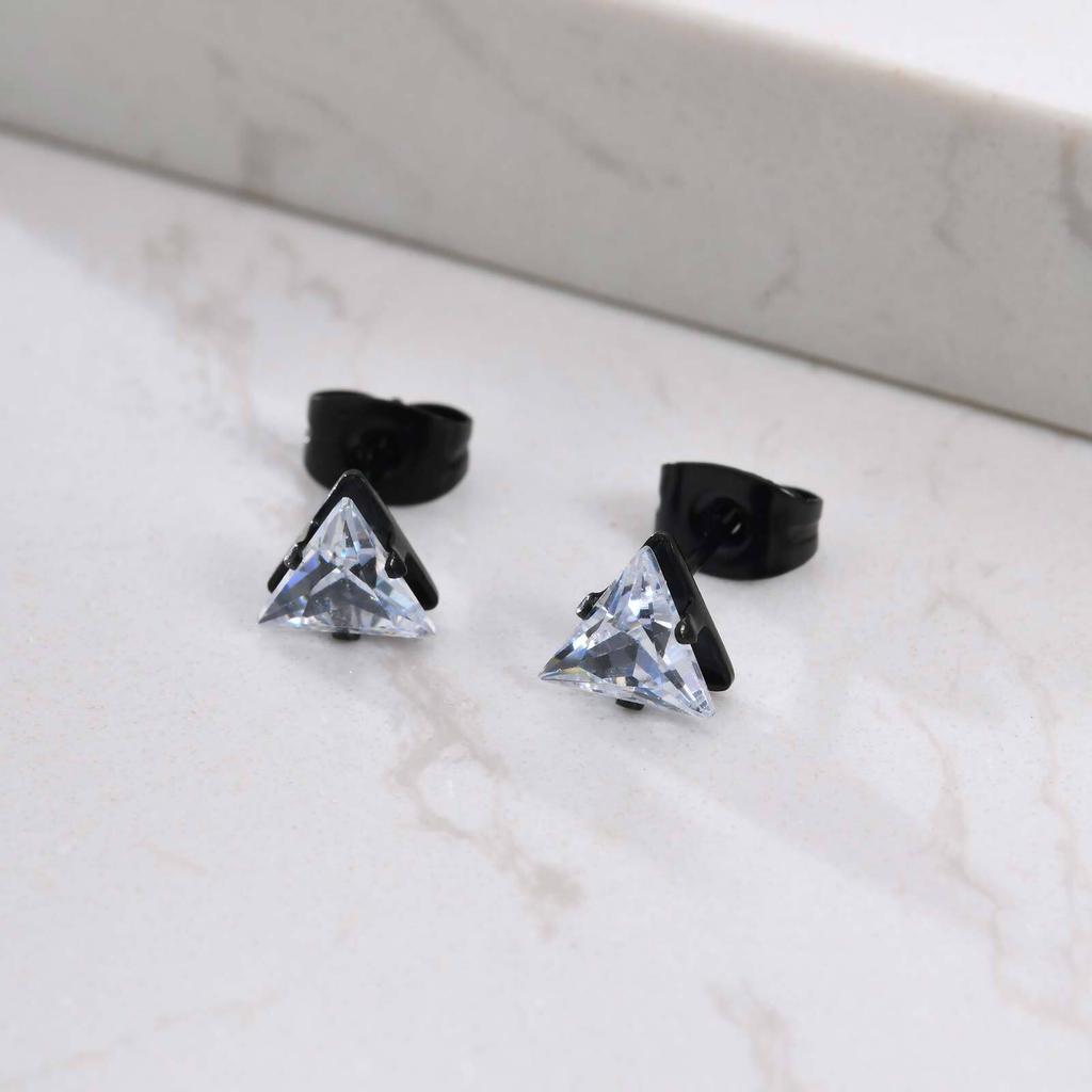 AAA CZ Stone Stud Earrings for Men Boys,Small Triangle Metal Earrings with Stainless Steel Butterfly Buckle,Casual Jewelry Gifts
