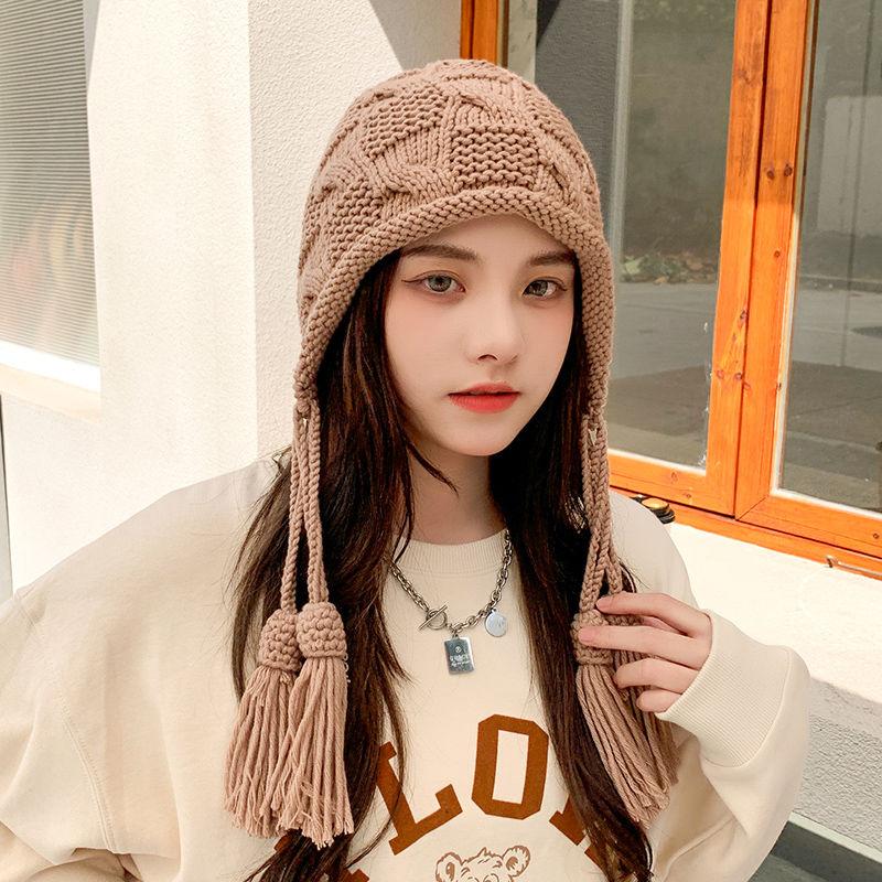 Ear Protection Wool Hat Female Versatile Knitting Tassel Plait Hat Autumn Winter Ladies Tassels Hat