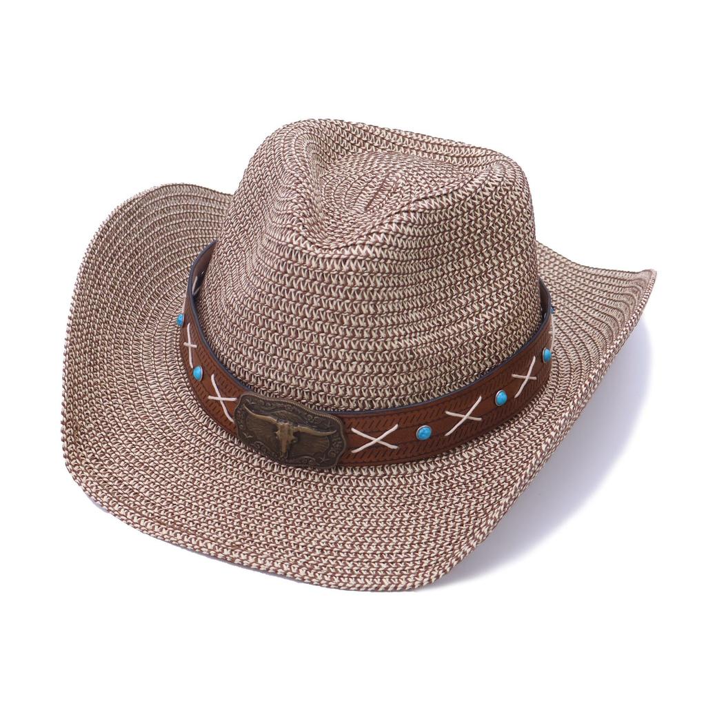 Summer men's and women's sunshade straw hat retro bull head accessories western cowboy hat hot sun protection hat