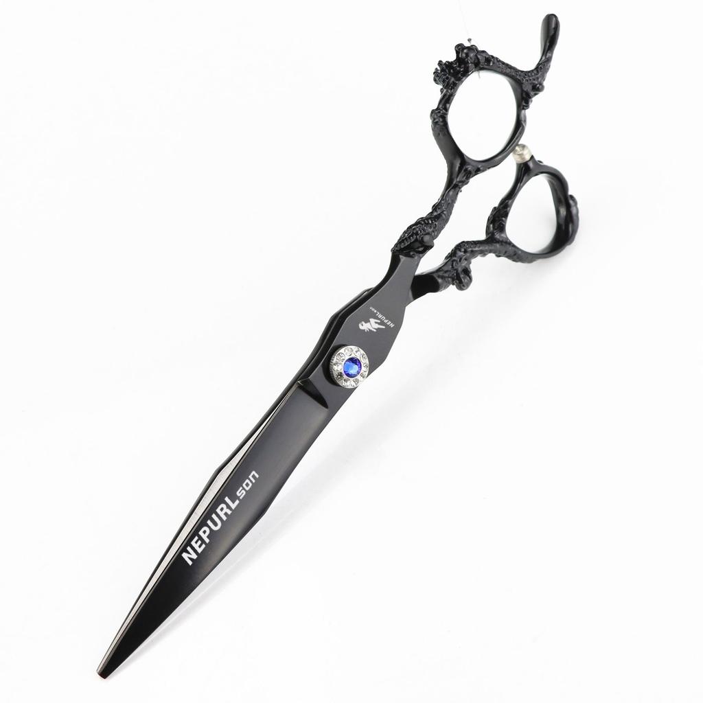 7" Black Dragon Handle Hairdressing Scissors - High-End Straight Shears for Pet Grooming