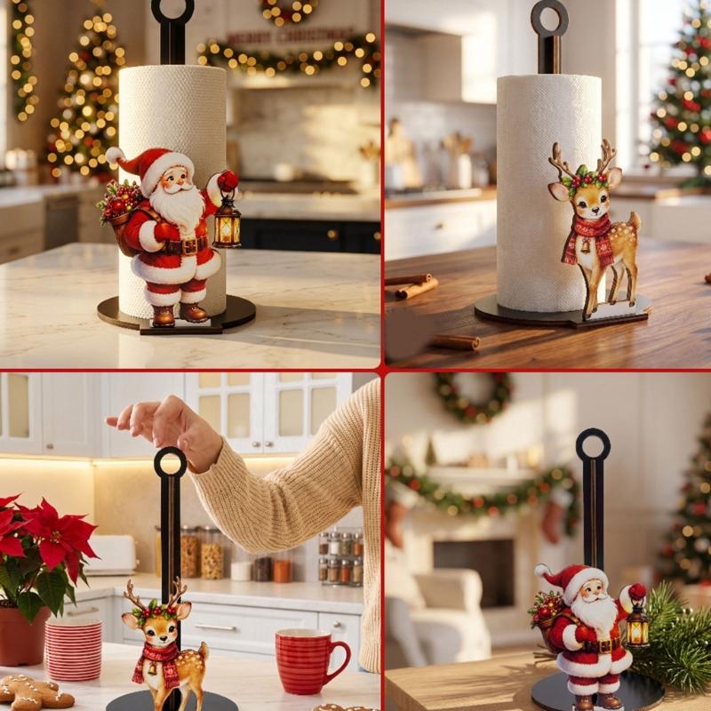 Wood Paper Towel Roll Holder with Vertical Center Post, Round Base, and Christmas Animal Panel for Countertop Use