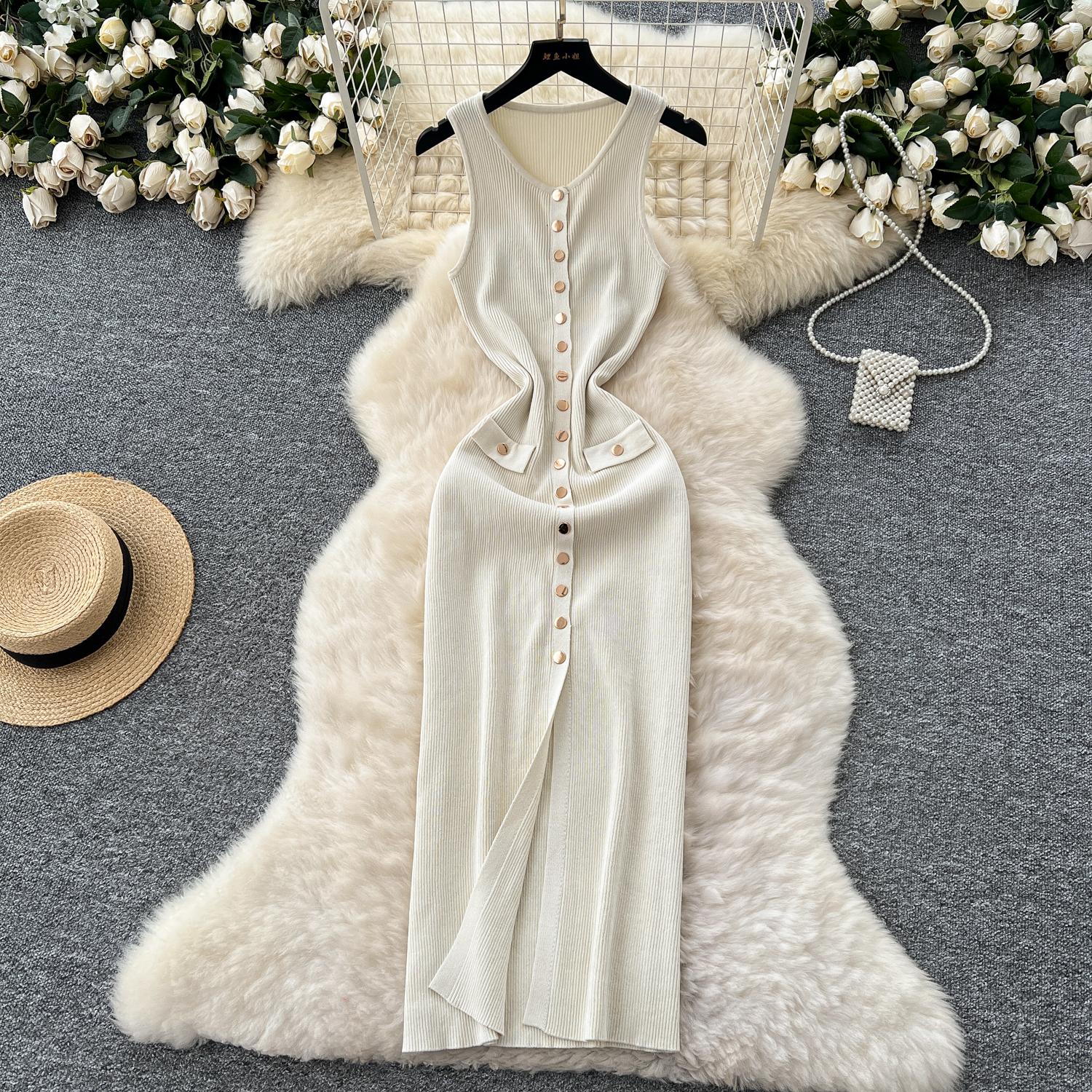 

Новое женское элегантное трикотажное платье с одним бортом, без рукавов, с круглым вырезом, с карманами, облегающее платье миди для офиса One Size бежевый