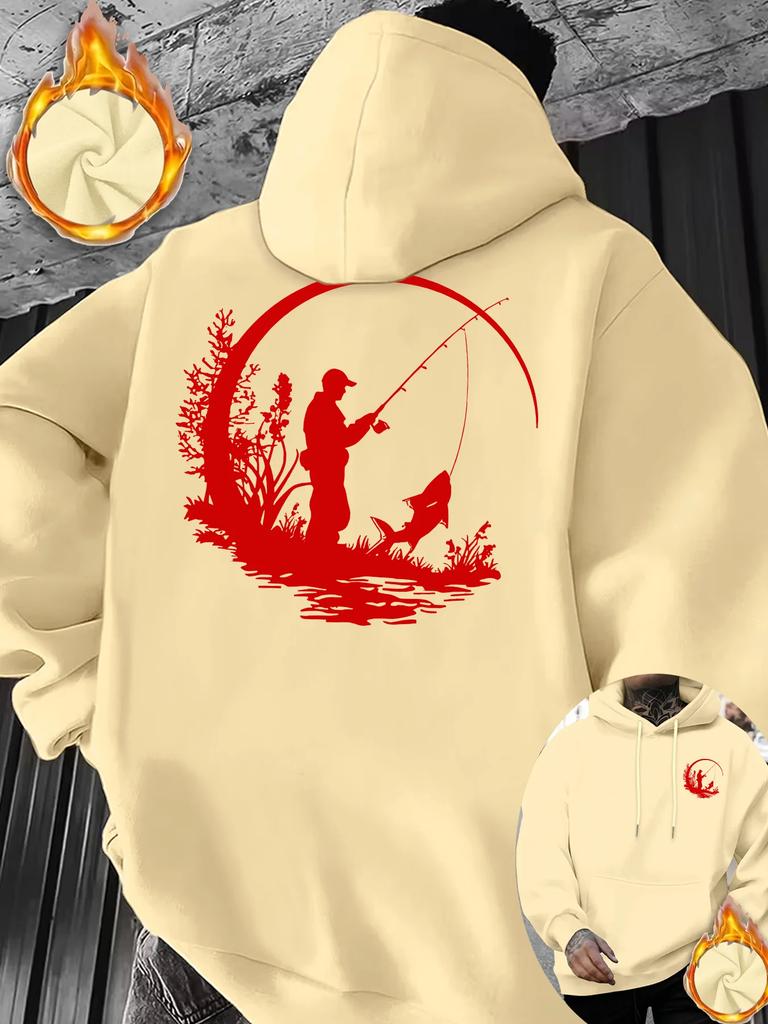 Men Fishing Sports Hoodie Fisherman Silhouette Outdoor Print Black Oversized Pullover Streetwear Sweatshirt Autumn Winter