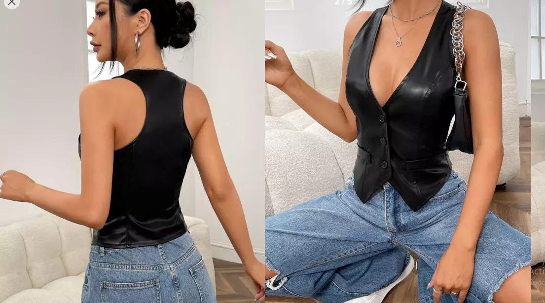 

Стильный кожаный черный жилет для вечеринок, пальто в стиле вестерн, 100% овчина, нарядный жилет для женщин L чёрный