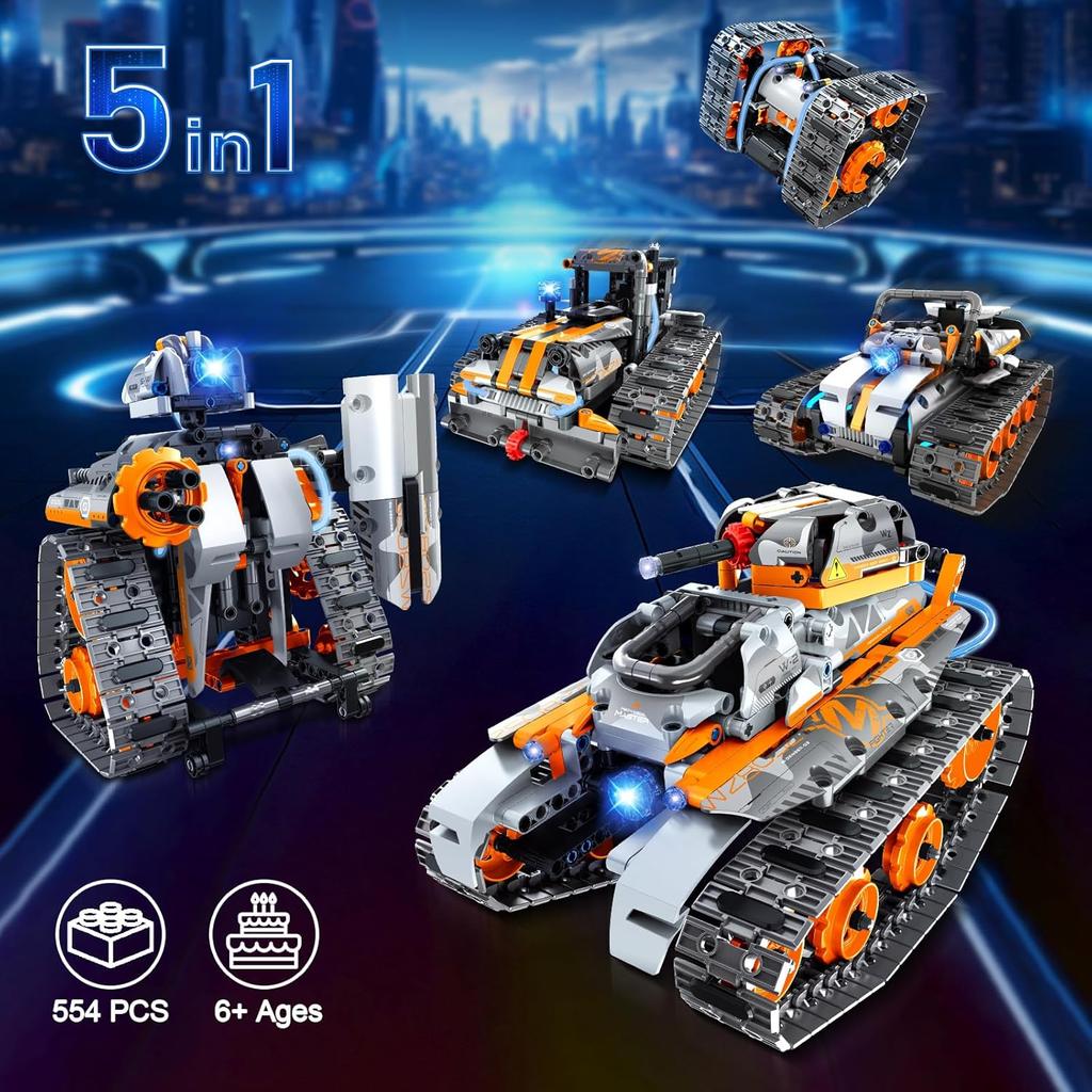 5 in 1 STEM Building Set with LED Light, APP & Remote Controlled Cars Building Toys Kit, RC Robot Tank Sleigh Tracked Racer 554 PCS, Toy Gifts for