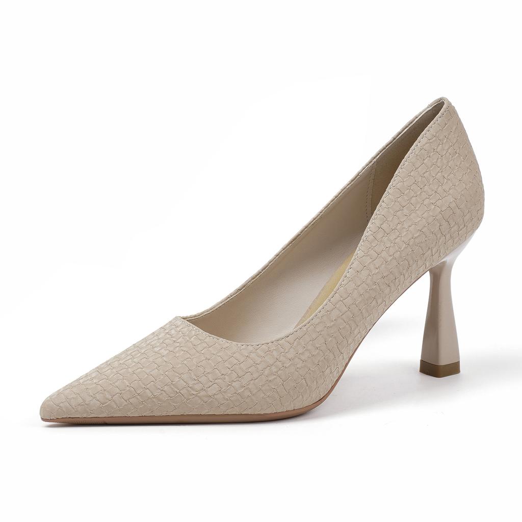 89911 [Schafsleder] High Heels Damen dünne Absätze 2025 neu spitz zulaufend Imitation gewebte Oberfläche flacher Ausschnitt Pendlerschuhe