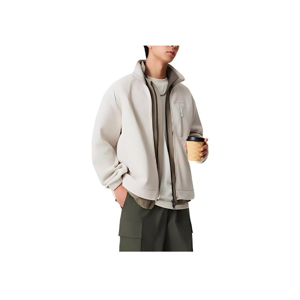 Li-Ning Sports Trend Series Lettered Hooded Fleece Loose Long Sleeve Windbreaker Men Outerwear Oatmeal-Gray AWBU031-1