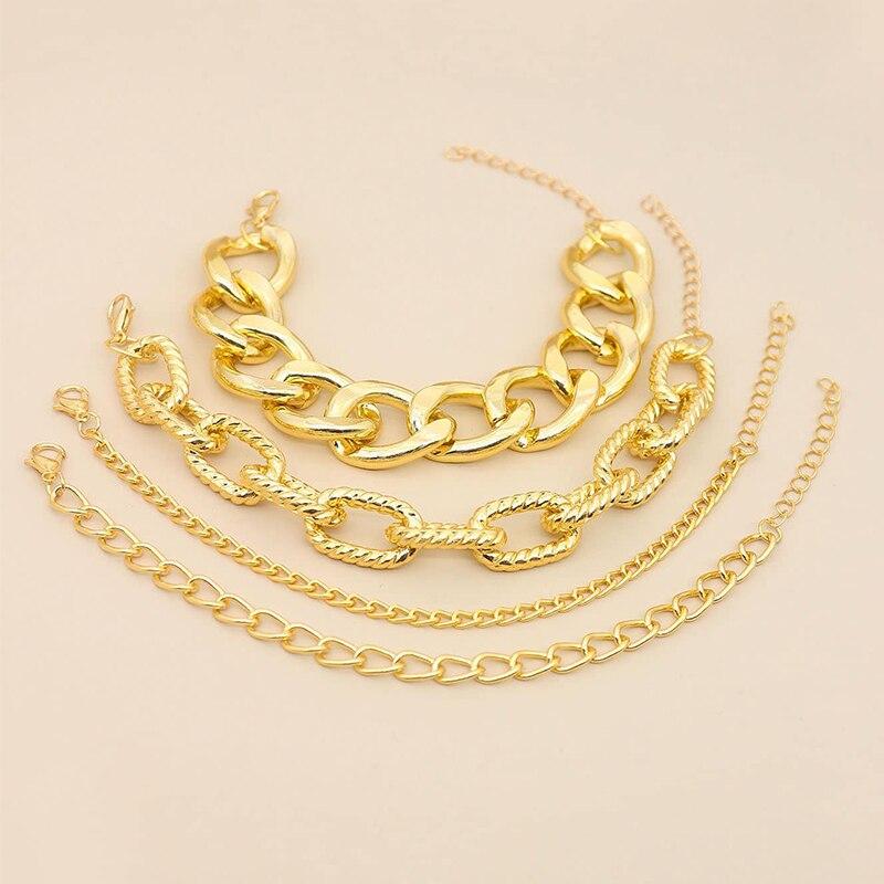 4 PCS Gold Color Chain Link Chain Bracelet Set Ins Style Women Boho Thick Cuban Chain Bangles Trendy Jewelry Set Gift Items