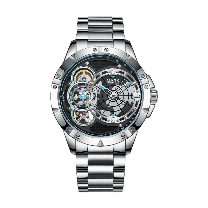 Orologio Meccanico Automatico da Uomo Mark Fairwhale 46MM Cassa in Metallo Quadrante Interstellare Impermeabile Luminoso Scheletrato Cronografo