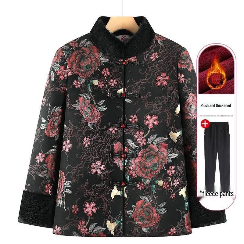 Winter Cotton Jacket for Elderly Women, Plus Velvet Thickened, Chinese Style, Ideal for Women Aged 70-80.