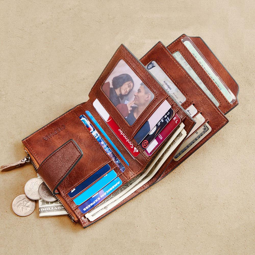 Men's Genuine Leather Wallet Vintage Short Multi Function Card Slots RFID Blocking Protection Zipper Coin Pocket Money Bags