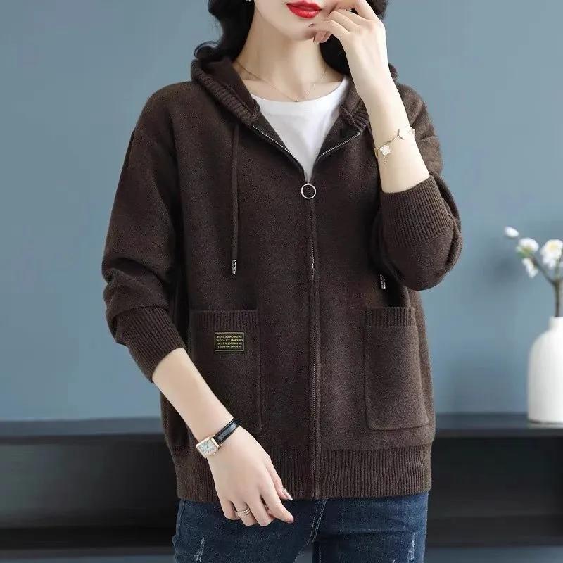 Women's Spring/Fall Hooded Sweater Jacket Flattering Loose-Fit Knit Cardigan