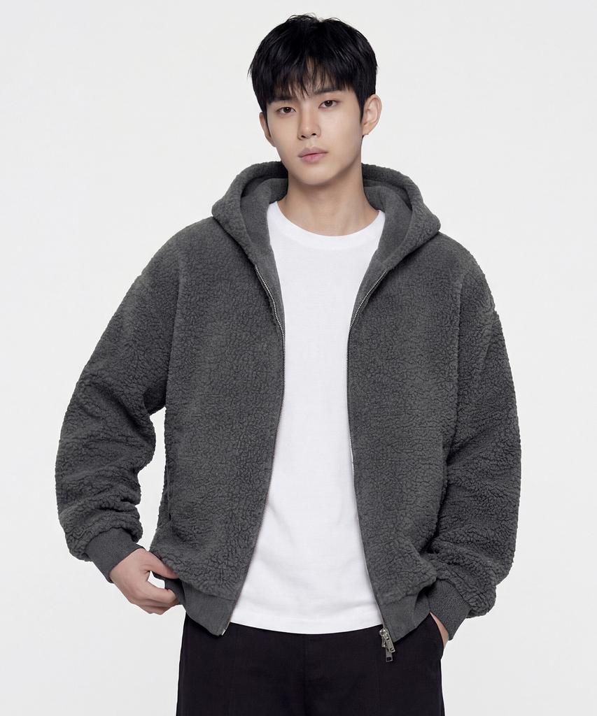Agod Reversible Heavy Fleece Boa Hooded Zip-Up [Charcoal]