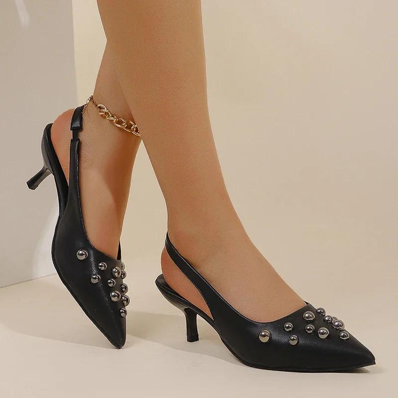 Fashion Fashion Rivet Decor High Heel Pumps Women Spring Summer Pointed Toe Stiletto Heel Sandals Woman Back Strap Black Slingback Pumps