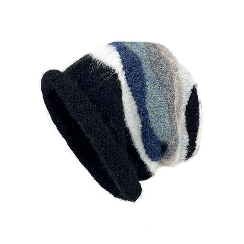 Korean Contrasting Striped Wool Hat for Women In Autumn and Winter New Warm Ear Protection Pile Hat Cold Hat Showing Face Small Knit Hat