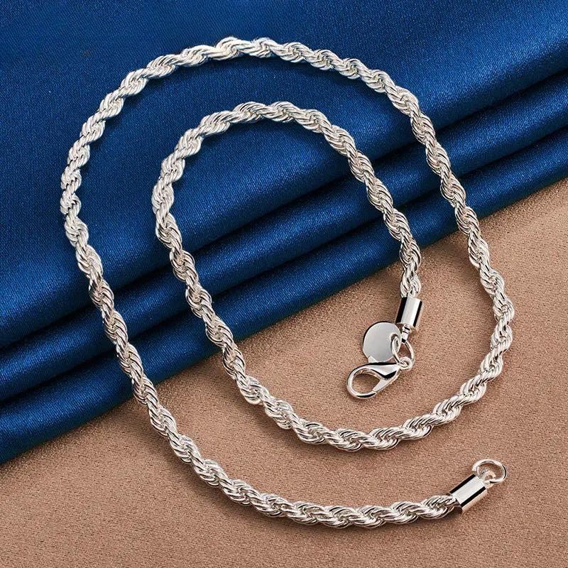Charm 925 Sterling Silver Accessories Men 4MM 40-60cm 2PCS Rope Chain Necklace Bracelet Women Fashion Wedding Gift Jewelry