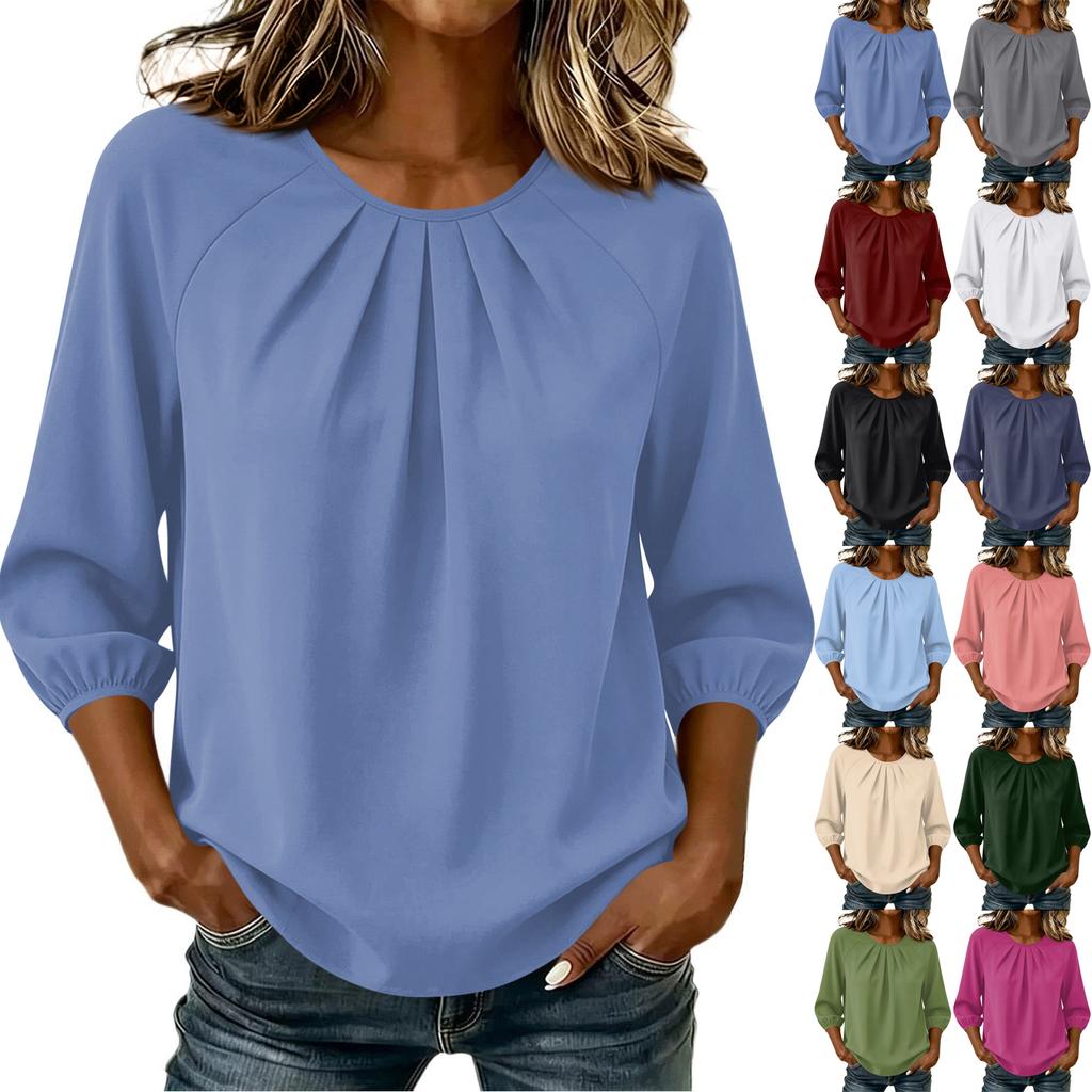 Women's 3/4 Sleeve Round Neck Pleated T-Shirt Top Lightweight Soft Fabric Comfortable Fit Casual Wear
