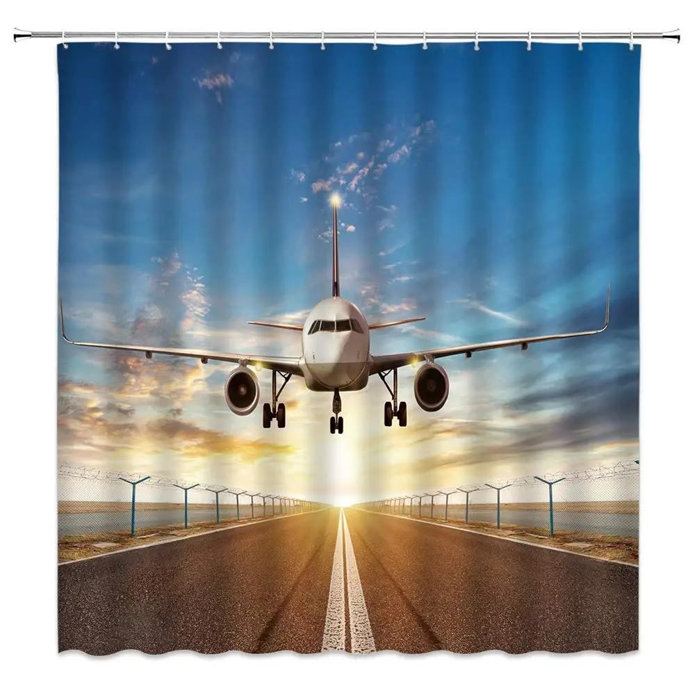 Flughafen Duschvorhang,Aviation-Thema Illustration von geparkten Flugzeugen auf Flugfeld gelandet,Polyesterstoff Badezimmer Vorhang Set