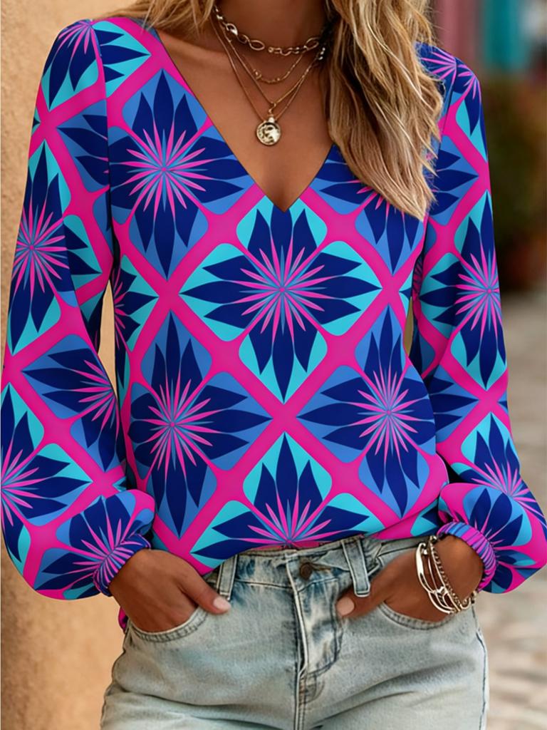 Printed lady's casual retro western style V-neck shirt, retro bohemian blouse, women's lantern sleeve design, Valentine's Day gift
