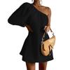 Loose Slimming Sloping Shoulder Puff Sleeve Dress Oblique Shoulder Bubble Sleeve Dress