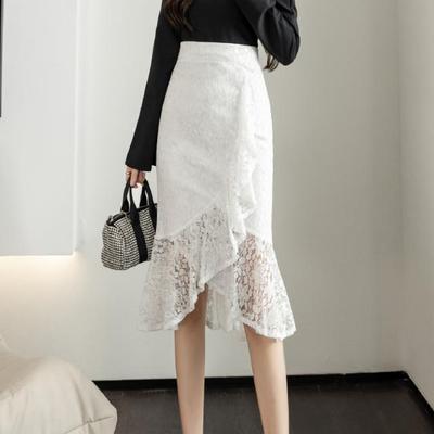 Black Lace Skirts Women Office Lady Elegant Mermaid Faldas Sexy High Waist Temper Ruffles All-match Korean Skirt