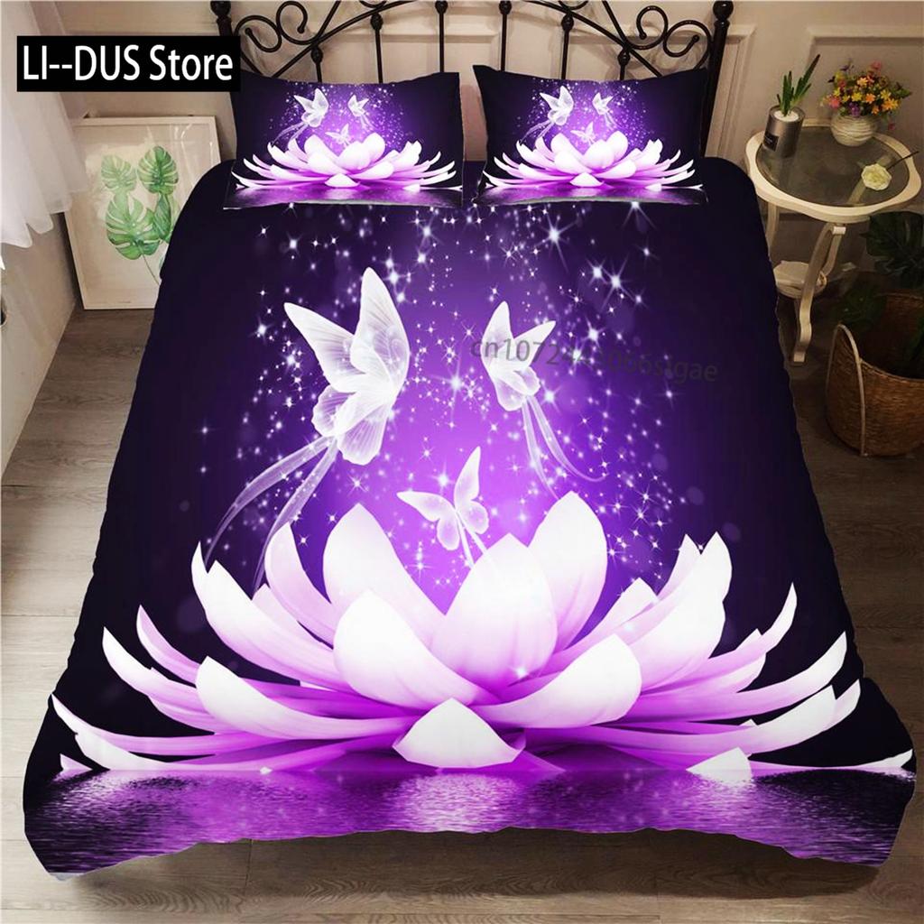 Flower Duvet Cover Set White Butterfly Flower Pattern Fantasy Purple Background Bedding Set Flower Theme King Size Quilt Cover
