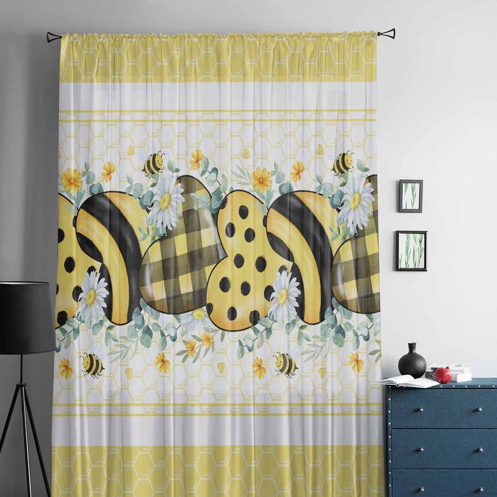 Bee Nest Eucalyptus Leaves Daisy Flower Yellow Voile Sheer Curtains Living Room Window Tulle Curtain Bedroom Drapes Home Decor