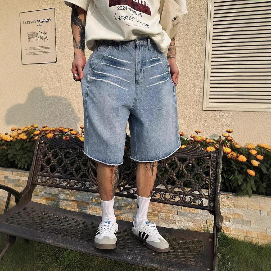 American Retro Washed Cat Whisker Pattern Burr Edge Straight Jeans Men's and Women's High Street Loose Casual Five-point Pants