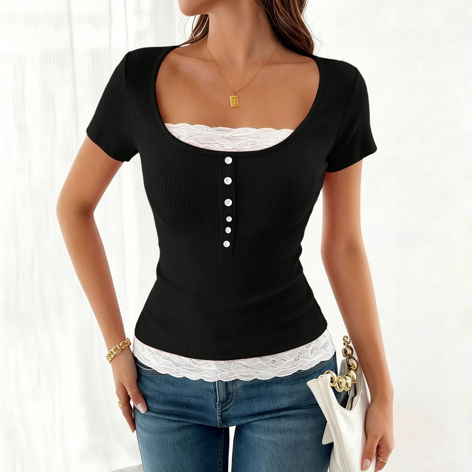 

Women s Short Sleeve Layered Lace Top Ribbed Knit Slim Fit T Shirt Button Detail Casual Blouse XXL чёрный