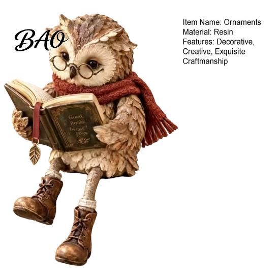 Reading Owl Statue for Home Decor Figurine, Creative with Glasses Scarf Boots And Open Book, Decorative Animal Figure Mantel Sculpture Book Nook Shelf