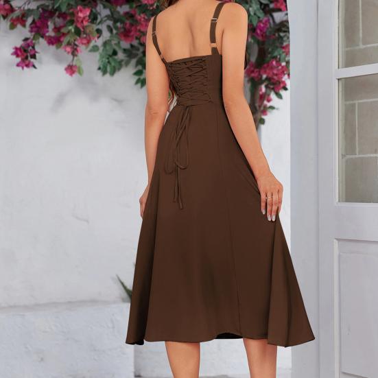 Women Sleeveless Dress Spaghetti Strap Square Neck Midi Dress Lace-Up Swing Long Dress Flowy A-Line