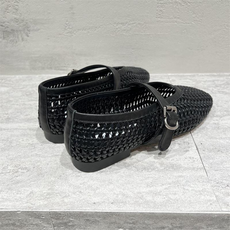 2025 New Spring and Summer Leather Shallow Mouth One-word Buckle Belt Hollow Round Head Flat Bottom Inner Single Shoe Women's Ballet Leather Shoes