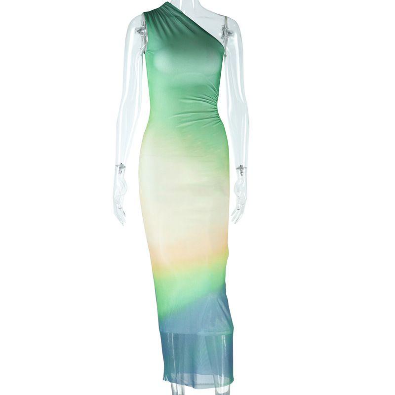 

Western Style Foreign Trade Fashion Print Sexy Sloping Shoulder Sleeveless Gradient Color Sheath Long Skirt Casual Dress Cool GIRL S Green L