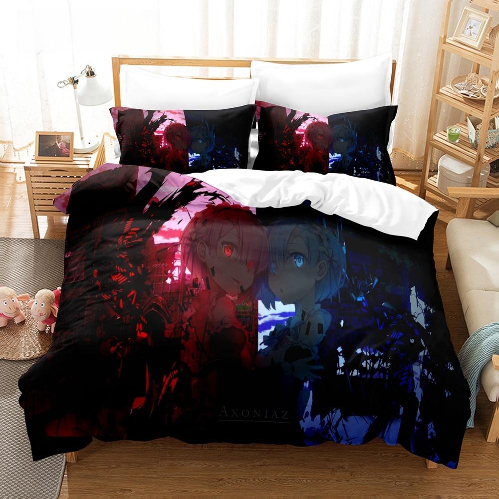 New Re Zero Rem Ram Bedding Set 3d Print Kawaii Cartoon Anime Three-piece Set Adult Kid Bedroom Duvet Cover Sets Home Textiles