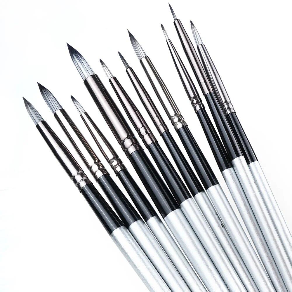 Set de 10 perii pentru vopsea artistică cu cap rotund, nailon, păr, artist, pix, pictură acrilice, pix, ulei, acuarelă, argint, tijă scurtă, aprovizionare pentru arte plastice