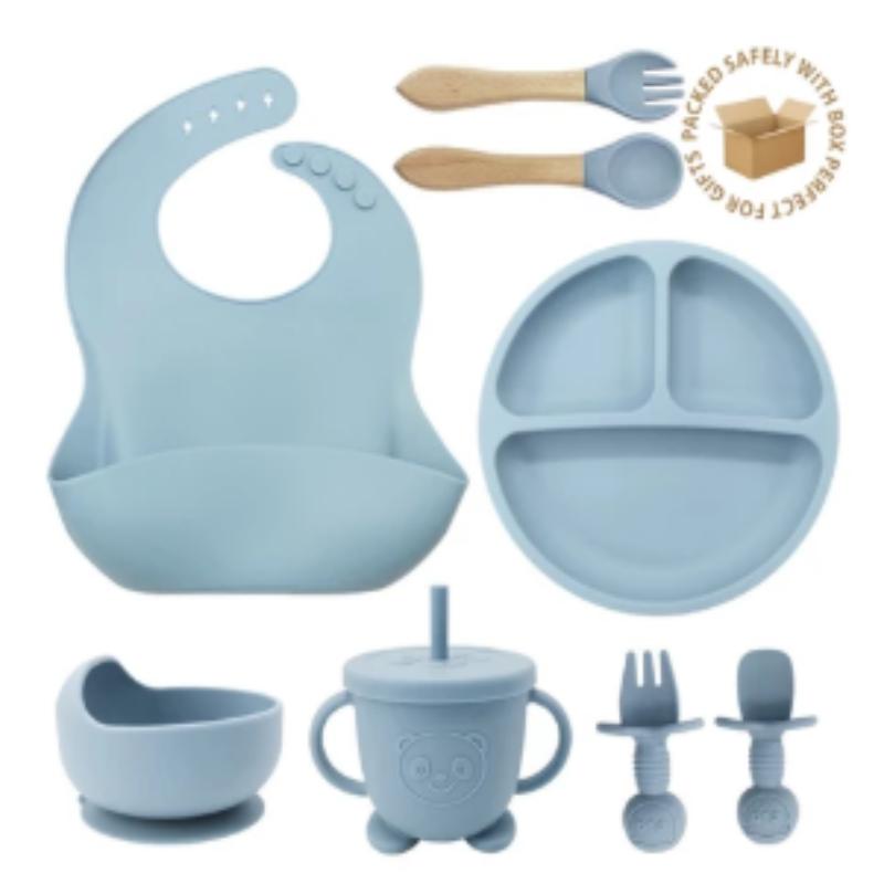 3/6/8Pcs Baby Silicone Tableware Kids Utensil Bib Straw Cup Bowl Suction Plate Feeding Essential Set