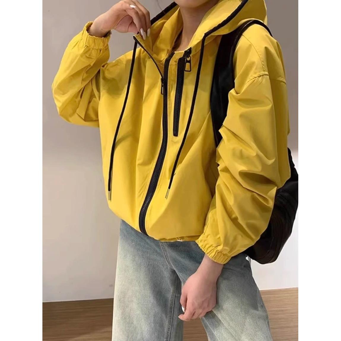 

Korean-Style Color Block Double Zipper Hooded Windbreaker - 2025 Spring Fashion Trench Coat for Women M (85-115 jin)