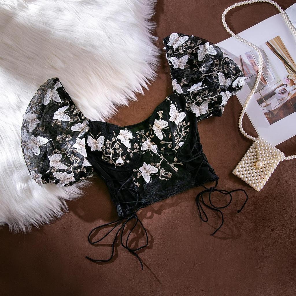 Women's Puff Sleeve Underwired Lace Sheer Bandeau Top