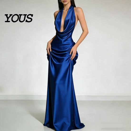 Party Dress Casual Women Sexy Backless Maxi Dress, Deep V Neck Sleeveless Versatile Halter Satin Long Formal Evening Mermaid Gown