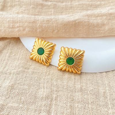 Vintage French Gold Texture Square Geometric 18k Gold Plated Earrings For Women